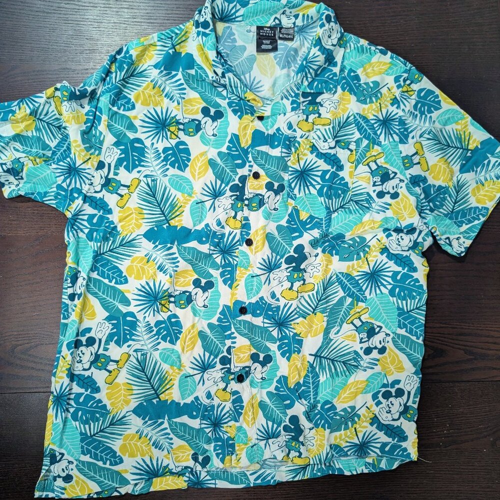 Disney Mickey Mouse Aloha Tropical Shirt Men’s XL Button Up Style Teal Yellow